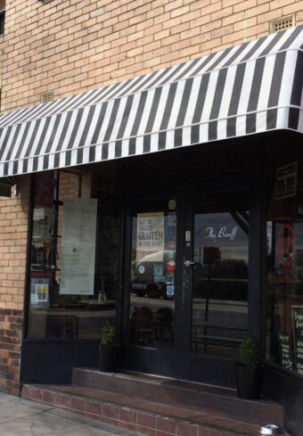 black and white strip fixed awning canopy