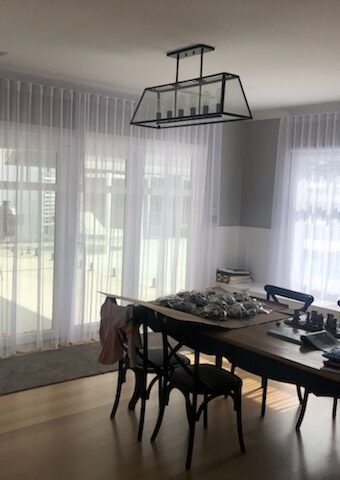 wave fold sheers white with white blockjout roller blinds