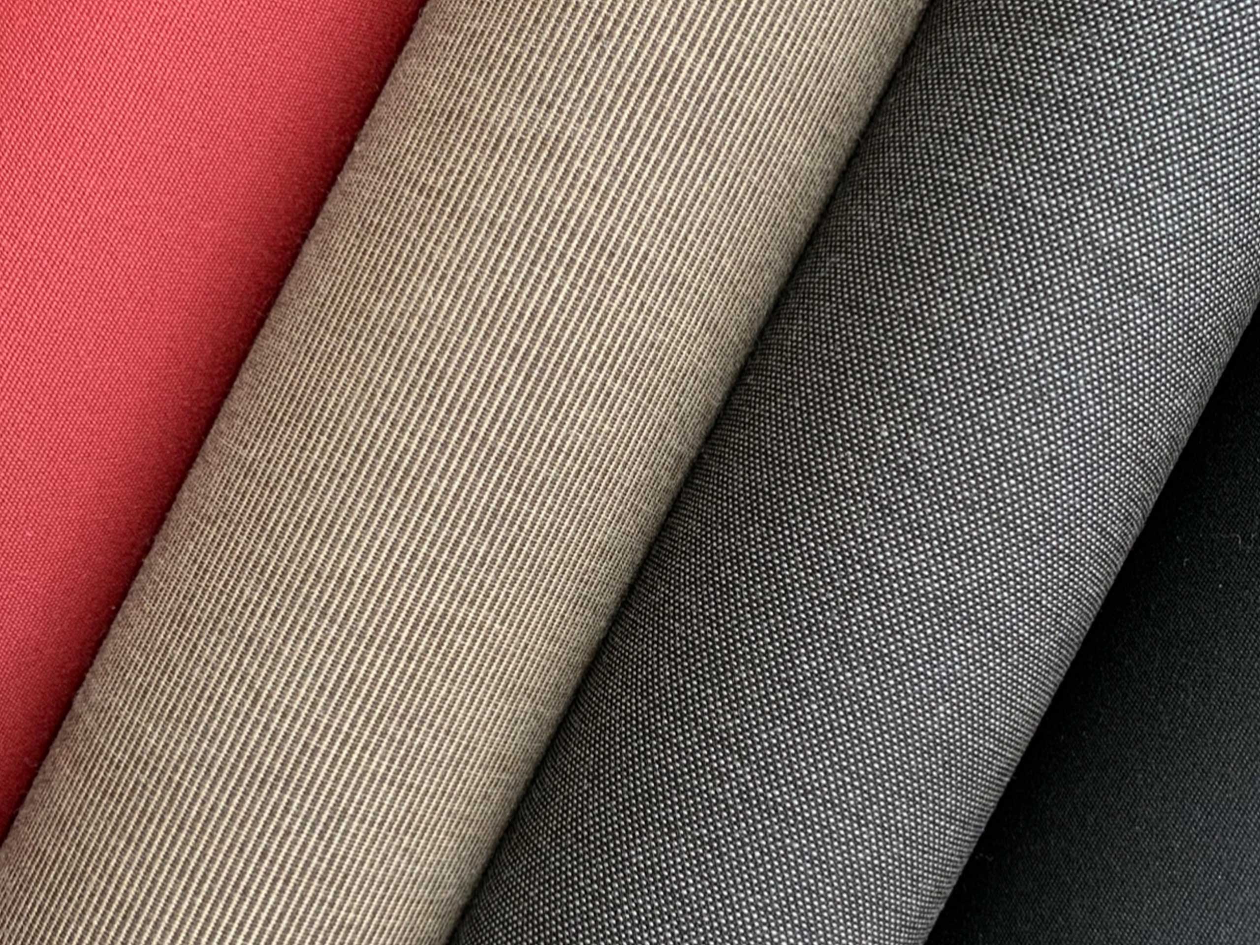 Red, beige, grey and black outdoor awning blind fabric samples