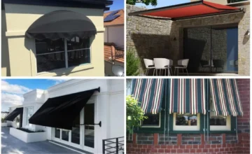 Four types of awnings on Melbourne homes: window awning, folding arm, pivot arm and striped drop arm awnings
