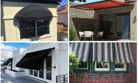 Four types of awnings on Melbourne homes: window awning, folding arm, pivot arm and striped drop arm awnings