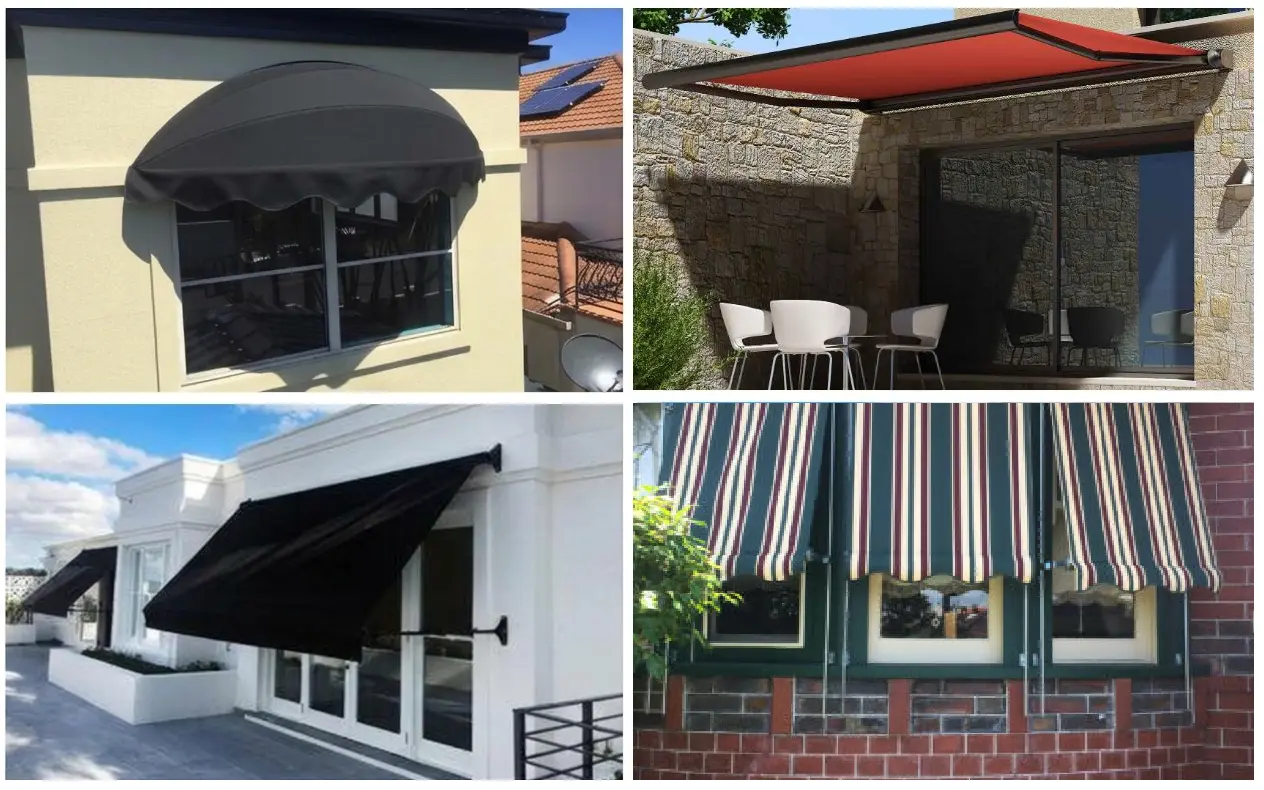 Four types of awnings on Melbourne homes: window awning, folding arm, pivot arm and striped drop arm awnings